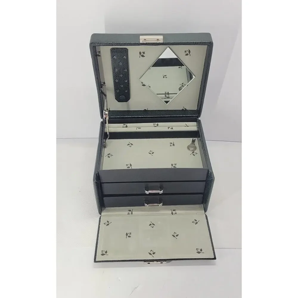 Dark Green Jewelry Box Mirror 2 Drawers Lock Key Carrying Case Organizer